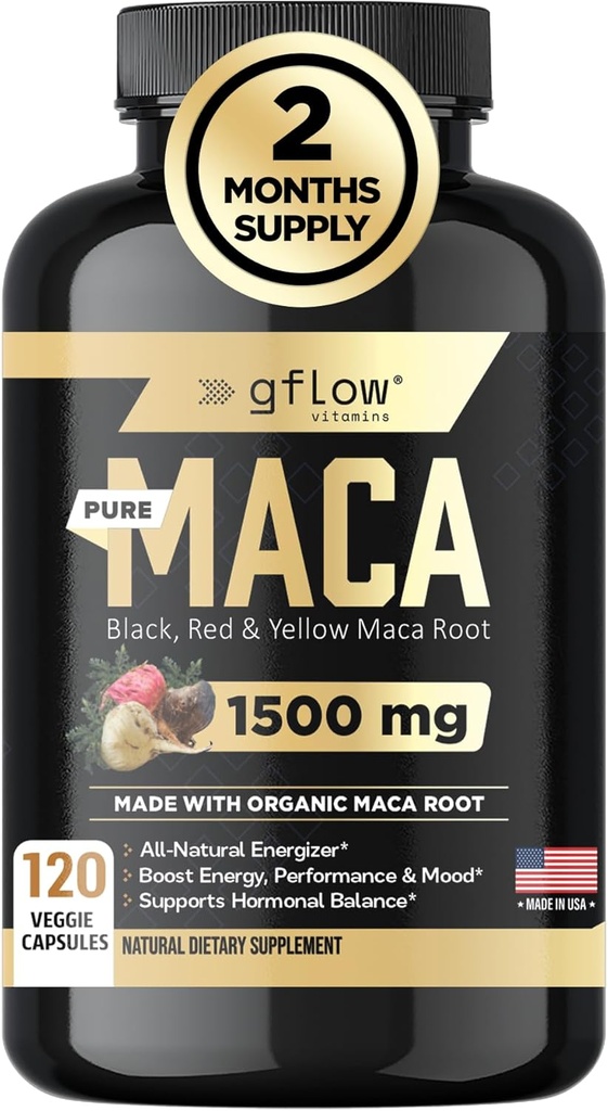 Organic Maca Root Capsules for Women & Men - Sort, Rød, Gul Peruvian Maca Root Extract & Black Pepper - 120 Vegan Pills - Understøtter energi, Performance & Mood; 124; Lavet i USA