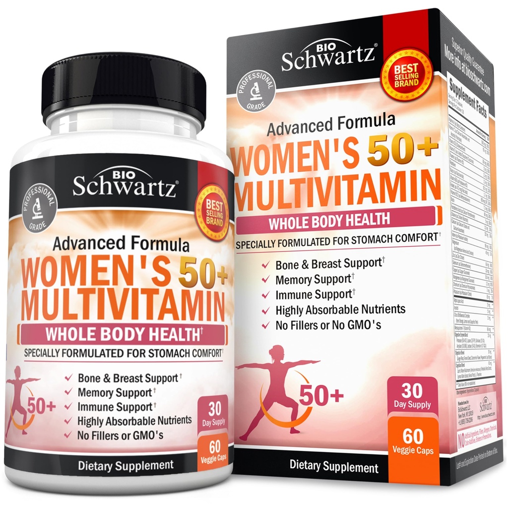 Daglig Multivitamin til kvinder 50 & Over - Hukommelse Support - fremmer Stress Reduktion & sund immunrespons - Kvinder Multivitamin Supplement designet til Mave Comfort - 60 kapsler