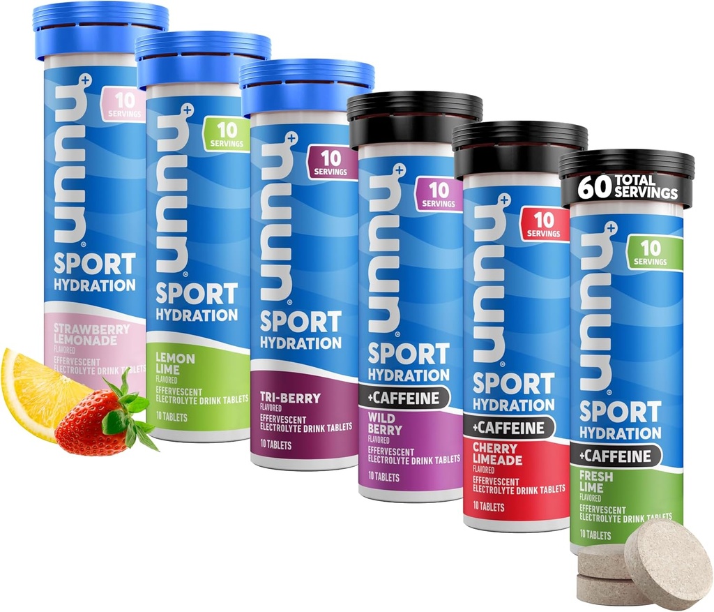 Nuun Sport + koffein Electrolyte Tablets - Opløselig i vand, Variety Packed 124; 5 Essentielle Elektrolyter til Hydration • 124; 1g Sugar Drink Mix • 124; Vegan, Non- GMO • 124; 6 Pack (60 Total Servering)