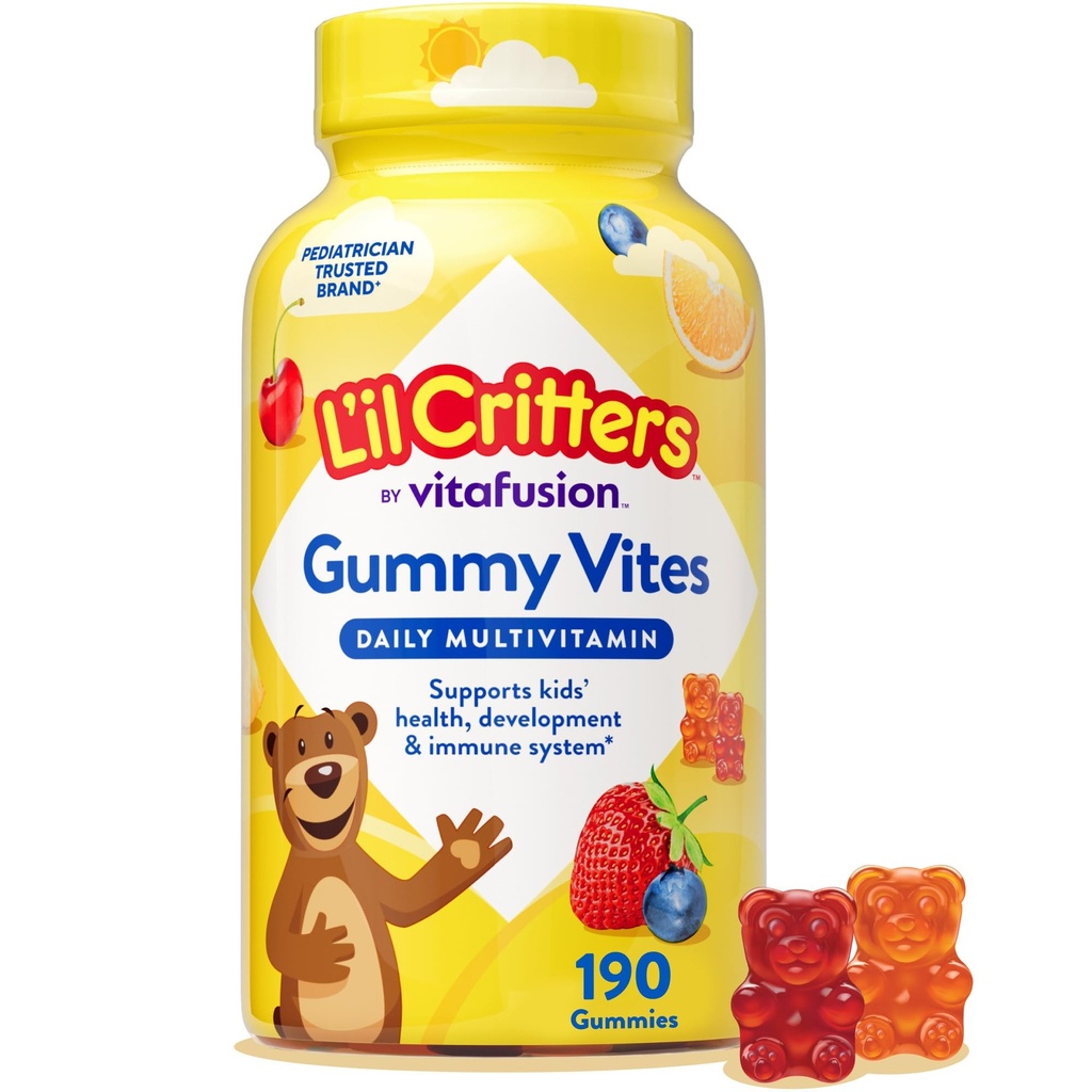 L 'il Critters Gummy Vites Daily Kids Multivitaminer Assorterede frugtsmag til alderen 2 + Toddlers & Kids, Gummy Vitamin med C-vitamin og D, 95-190 Day Supply, 190 Gummies