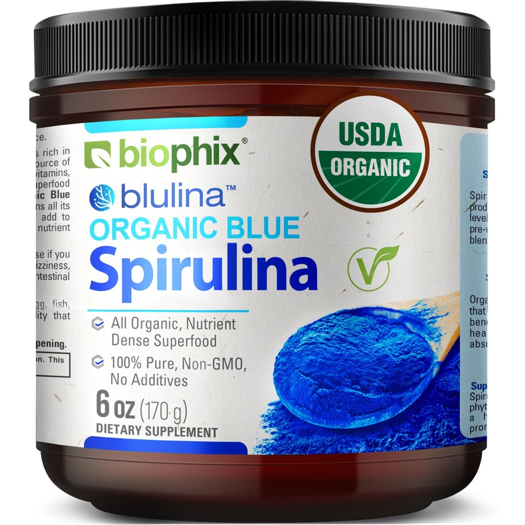 biophix Blue Spirulina Powder Organic Blulina 6 oz - Alger Organic Spirulina Powder 170 Servering - Superfood supplement - Natural Blue Pigment - Espirulina en Polvo Organica Pura Azul