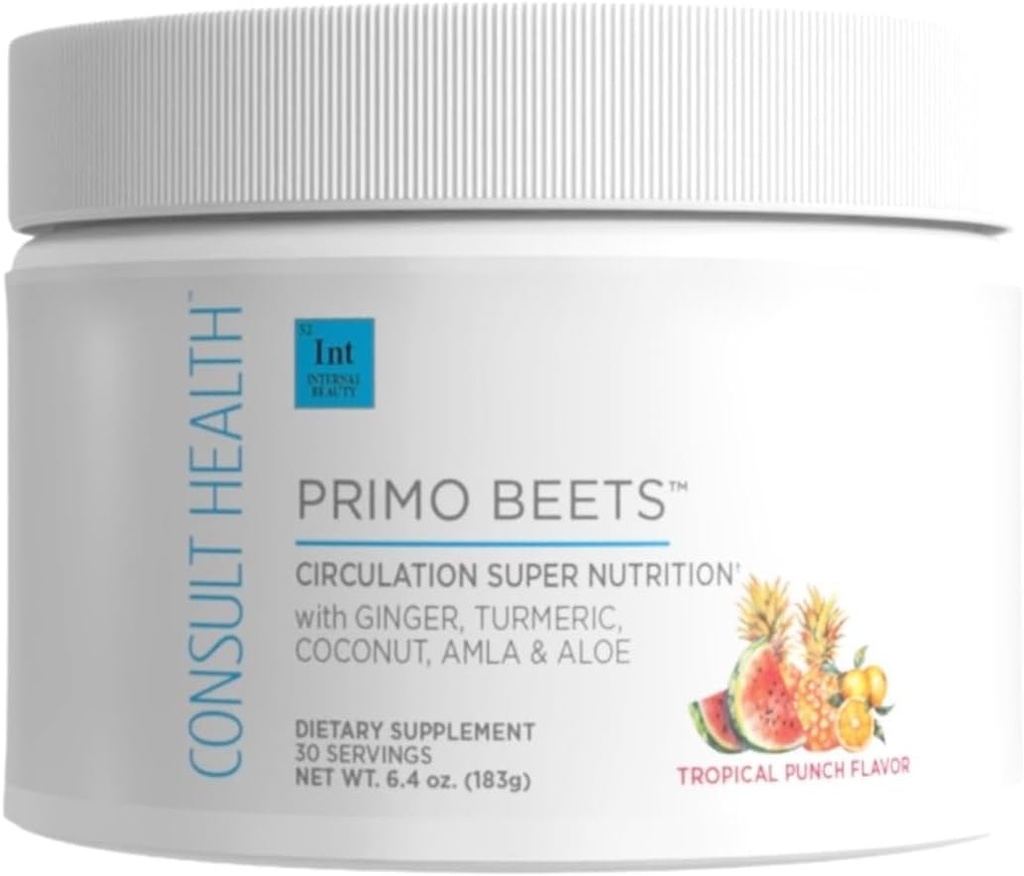 Consult Health Primo Beets - Beet Root Powder Drink Mix with Electrolytes - Nitrates to Support Circulation - Energy Boost - Ginger & Turmeric - Men & Women - Tropical Punch Flavor - 30 Servings