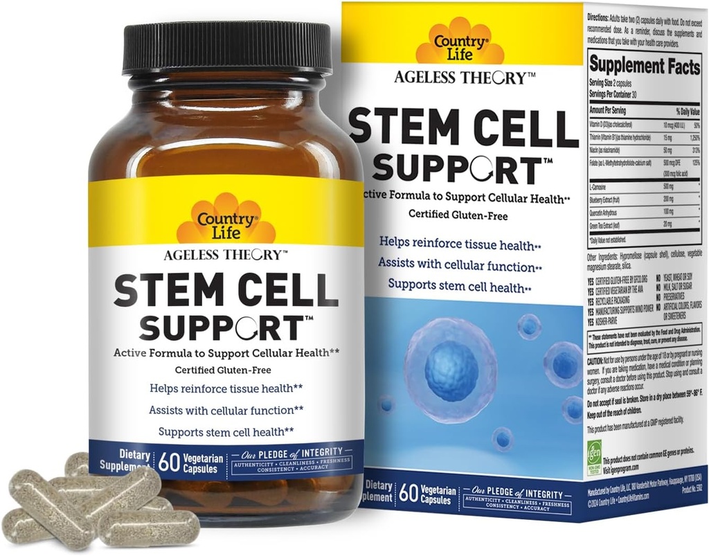 Country Life Agueless Theory Vegetarian Capsules - Certified Gluten Free, Kosher, Vegetarian - Tissue Health, Cellular Function, Stem Cell Health, Understøtter sund aldring Anti Aging, Certified IGEN