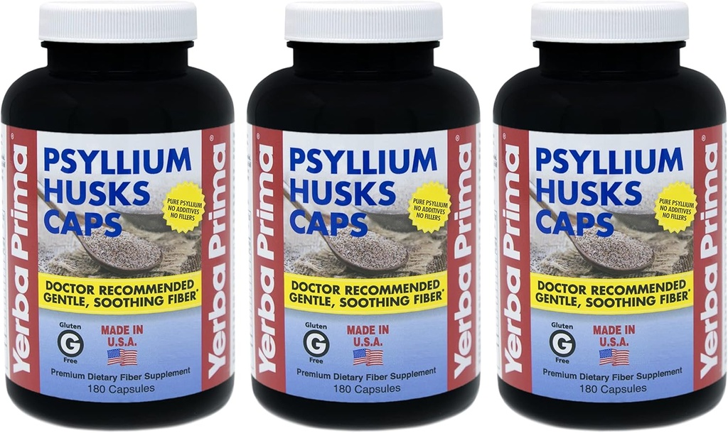 Yerba Prima Psyllium Husks Caps - 180 caps (Pack of 3) - Natural Fiber Supplement - Colon Cleansing - Non- GMO Gluten Free
