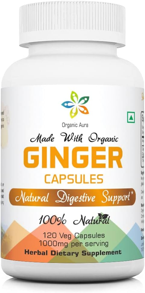 Organic Aura Ginger Capsules - 120 Veg Capsules. 2 Month Supply. Naturally Boosts Digestion, Relief Stomach Upset and Improves Immunity. No GMO and Gluten Free.