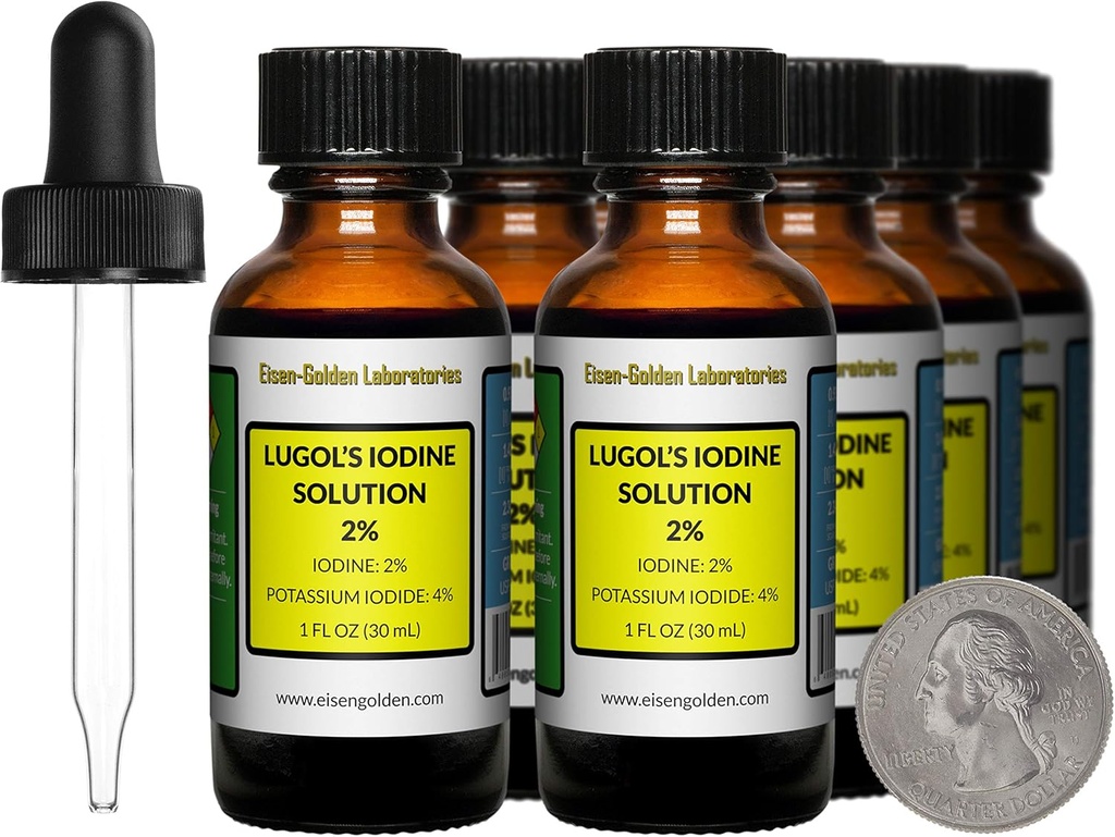 Lugol 's Jod / 2% opløsning / 8 Oz i otte Amber glasflasker / Gratis Droppers