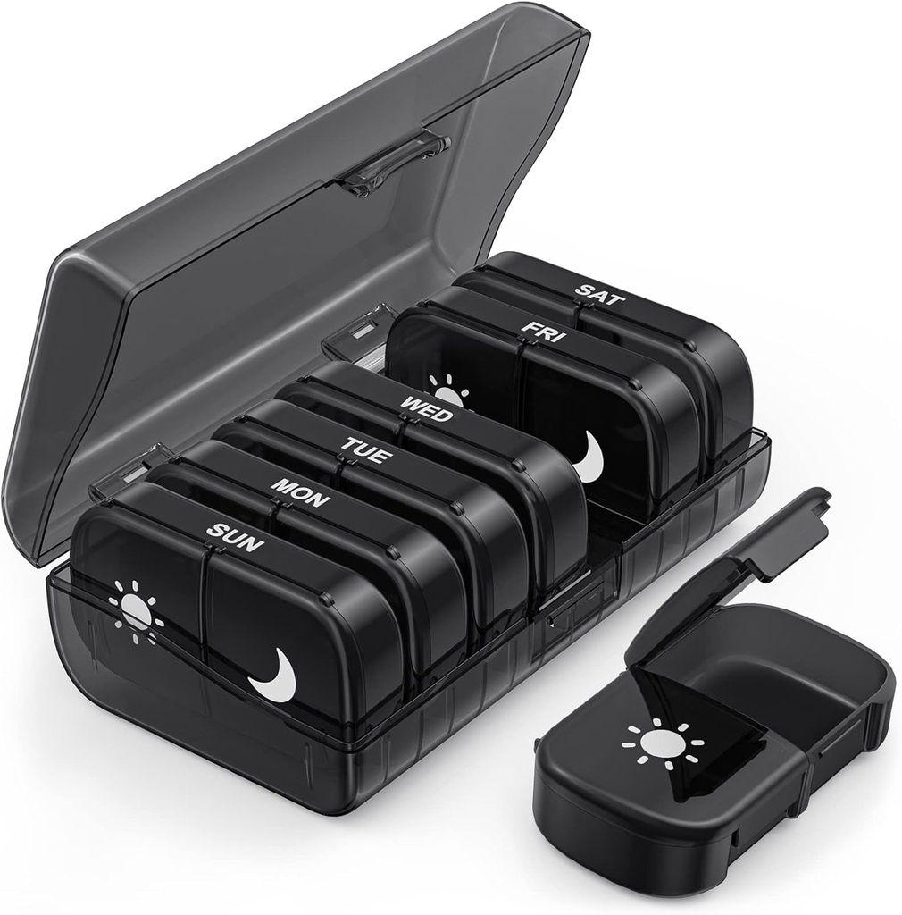 PULIV Extra Stor Ugentlig Pill Organizer 2 gange om dagen, One- Side Open Pill Box 7 Dag for Easy Filling, Black Privacy Protection AM PM Pill Case for Vitaminer, Medicin, Kosttilskud, Fish Oils Black