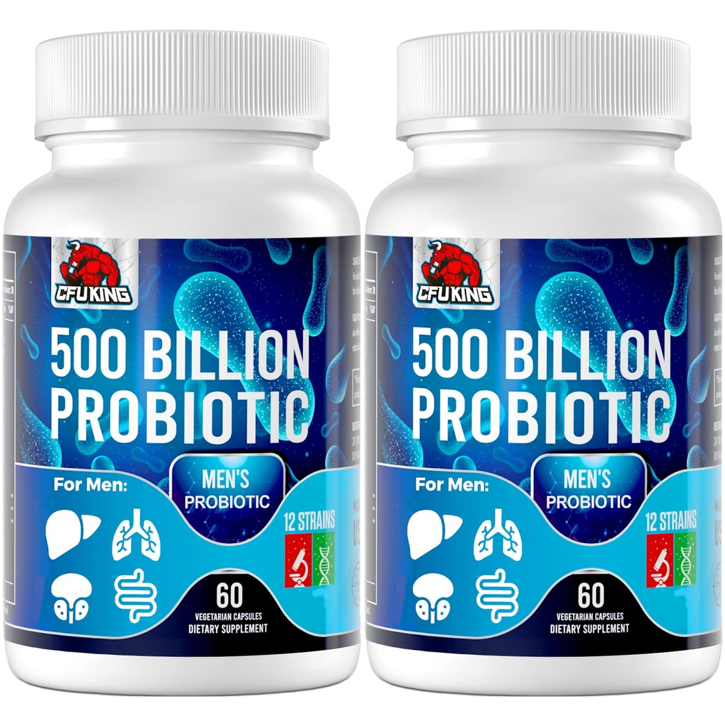 Probiotika til mænd, 500 milliarder CFU & 12 Herre Probiotik til fordøjelsessygdomme + 4 Organic Prebiotic Fiber, til fordøjelsesbesvær, Gut, immunforsvar, bloating, gas, energistøtte, holdbarhed- 120 kapsler