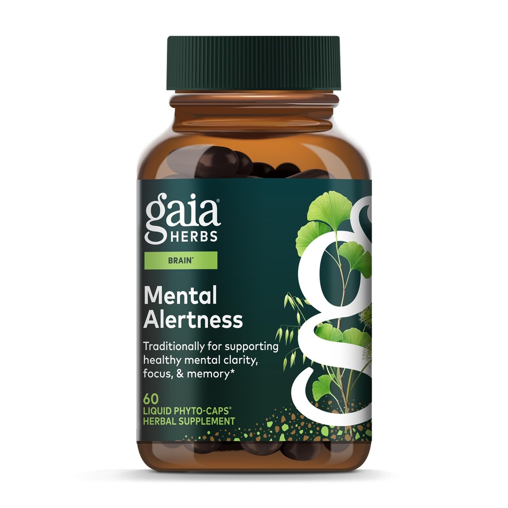 Gaia urter Mental Alerness - Brain Support Supplement til at hjælpe med at bevare fokus og hukommelse * - med Eleuthero, Ginkgo Leaf, Gotu Kola, Rosemary & Havre - 60 Vegansk flydende Phyto- kapsler (15-dages forsyning)
