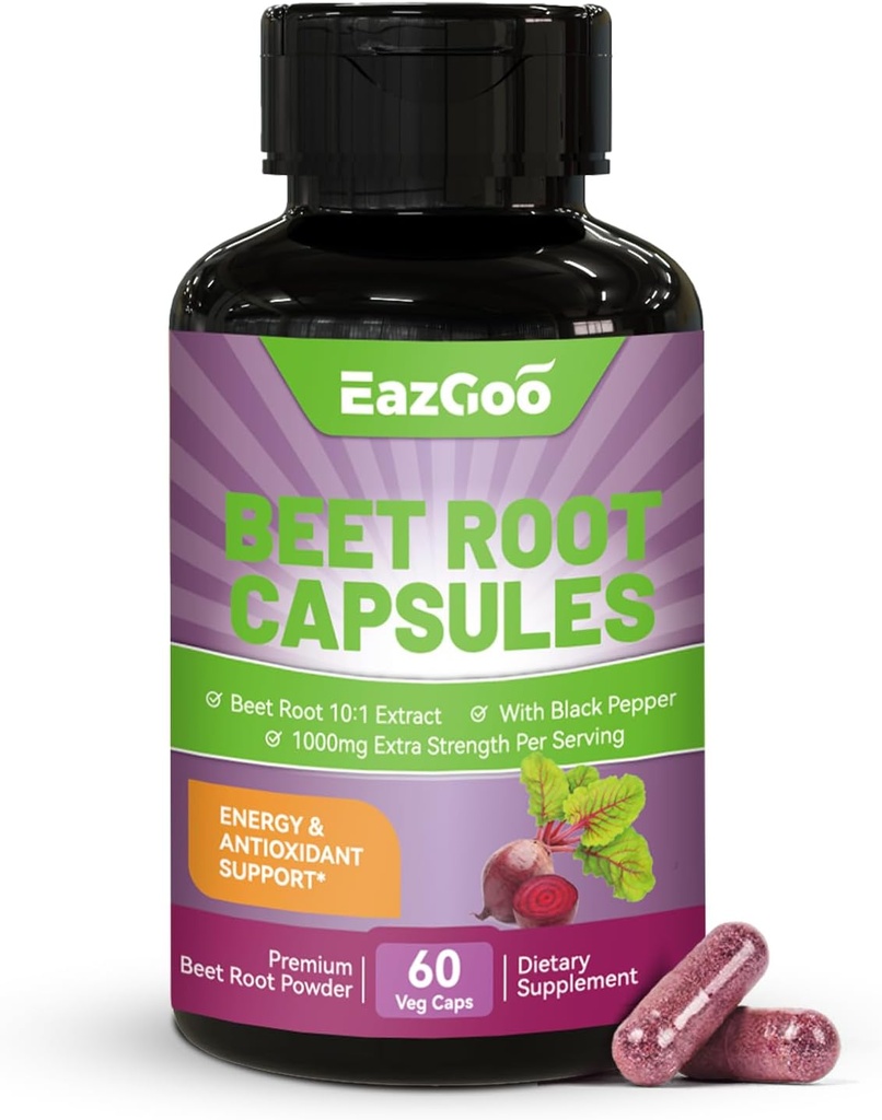 Beet Root Capsules 1000mg Per Serving, Understøtter nitrogenoxid Produktion & Blodtryk, med Black Pepper Extract, Non- GMO, Gluten Free, Vegan - 60 Counts
