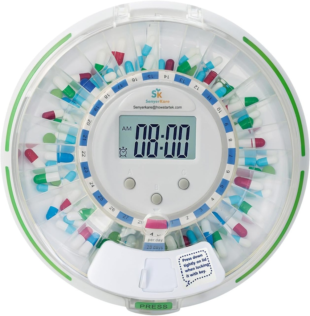 Automatisk Pilledispenser med sikkerhedslås, blinkende lys, lyd, alarm, 28-dages elektronisk medicinering dispenser til vitaminer og tabletter op 6 gange / dag, let at læse display, Clear Lid