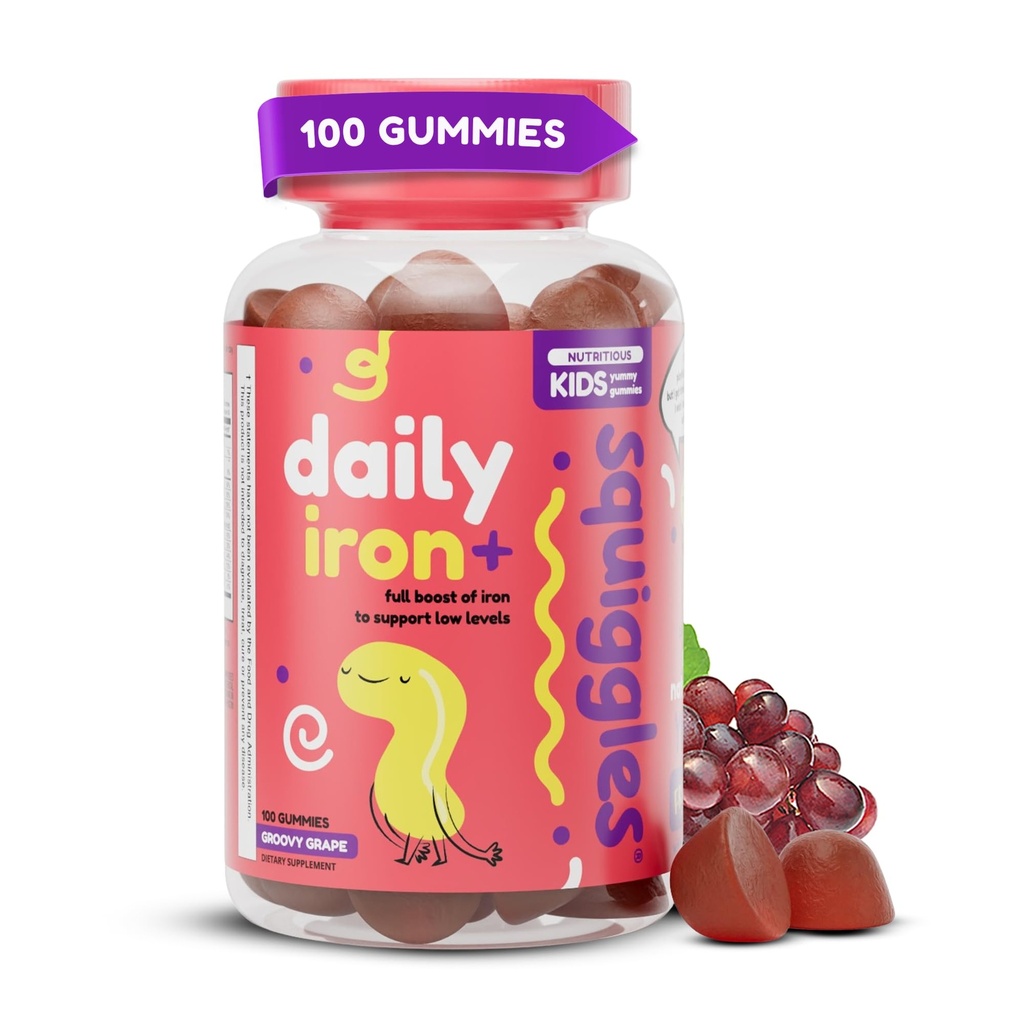 Splitter Kids Daily Iron + Gummies - Chewable Supplement med jern, Multivitamin til børn, Lavsukker, Vegan, Toddler Gummies, Yummy Grape Flavor (100 Greve)