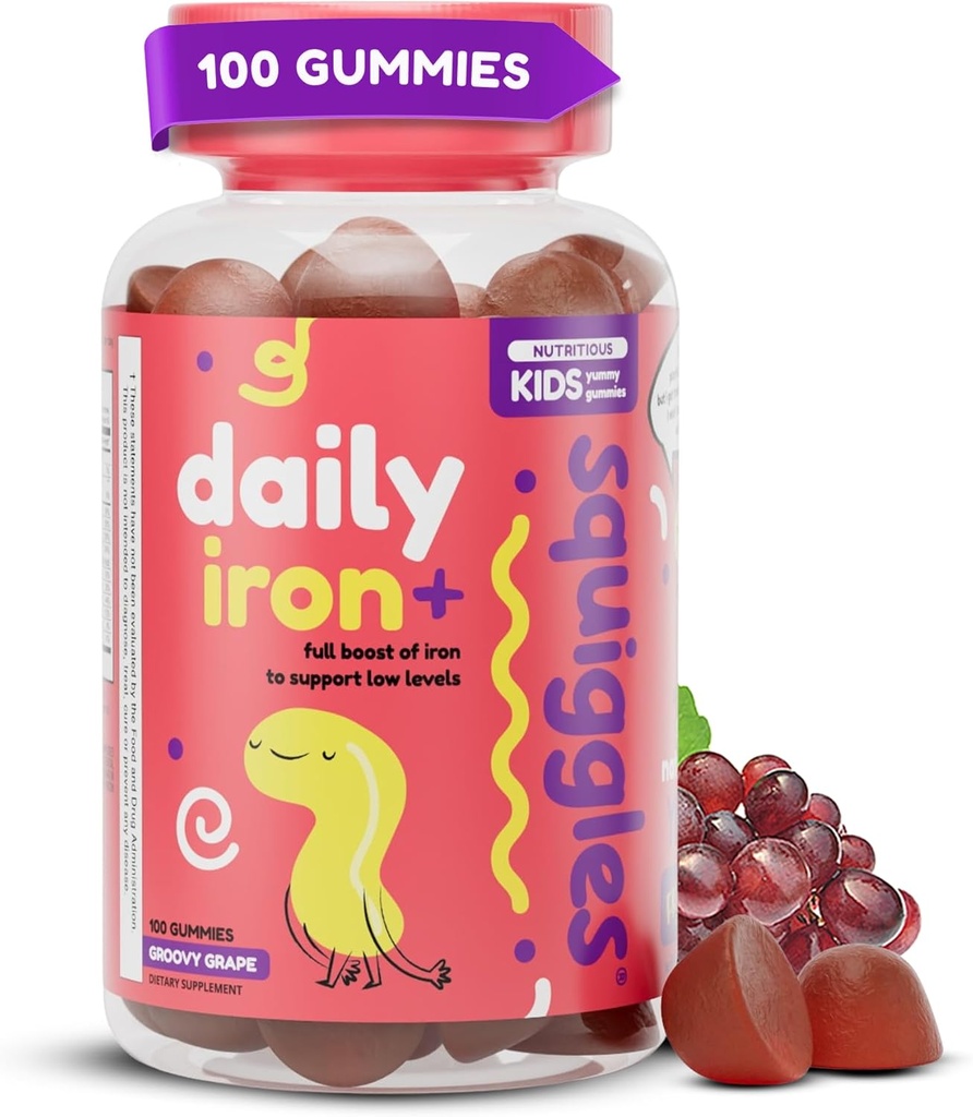 Splitter Kids Daily Iron + Gummies - Chewable Supplement med jern, Multivitamin til børn, Lavsukker, Vegan, Toddler Gummies, Yummy Grape Flavor (100 Greve)