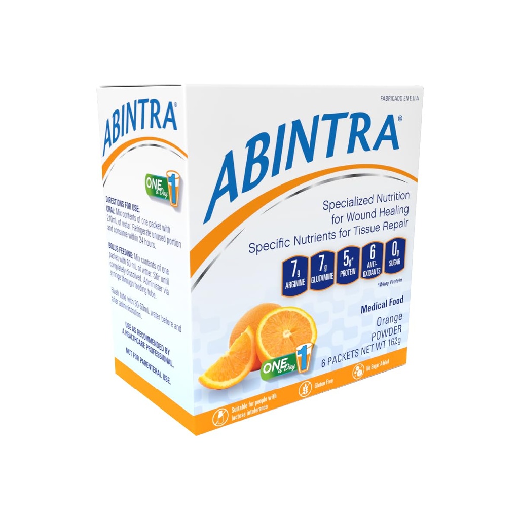 ABINTRA Specialiseret Nutrition for Skøge Healing omfatter L- arginin, Orange Flavor, 6 Pakker, 27g hver