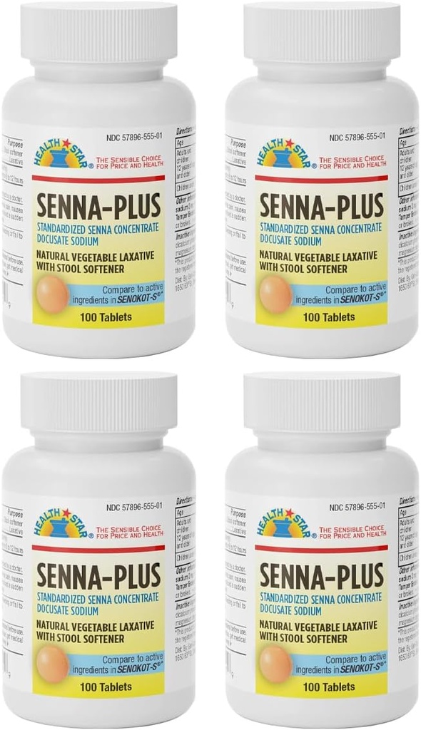 GeriCare Senna Plus Natural Vegetabilsk Laxative med Afføringsmiddel, Docusat Natrium 50mg, Sennosides 8, 6 mg 100 Greve (pakning med 4)