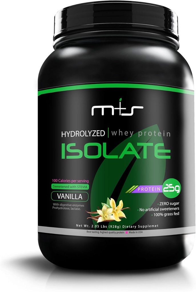 M + S 100% Grass Fed - Hydrolyzed Whey Protein Isolate Powder- Gluten Free, Fast Absorbing, Easy Digesting, Stevia Sødet (Vanilla, 2.05 Lb)