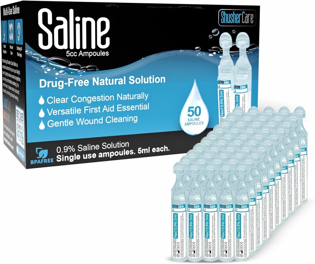 Saline Ampuller - Saline Solution for Nebulizer, Natriumchlorid 0,9%, Nasal rense for babyer, børn, & voksne, Steril Nasal Care, Sårrensning - 50 greve (5 ml hver)