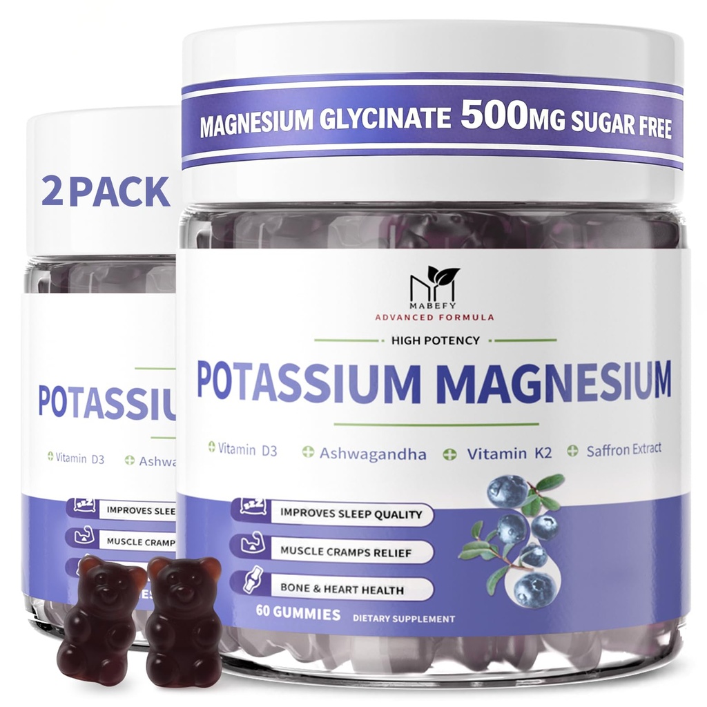 2 Pack Kalium Magnesium Gummier, Sugar- fri Kalium Gummier med Magnesium Glycinat 500 mg Chewable Magnesium Kalium Kosttilskud med Calcium, Zink, Vitamin til Leg kramper og Muskel