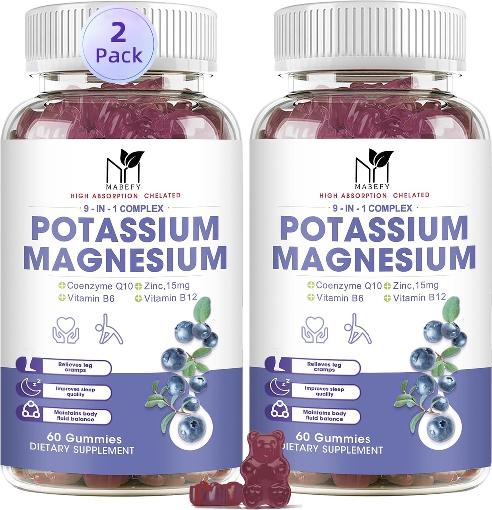 2 Pack Kalium Magnesium Gummier, Sugar- fri Kalium Gummier med Magnesium Glycinat 500 mg Chewable Magnesium Kalium Kosttilskud med Calcium, Zink, Vitamin til Leg kramper og Muskel
