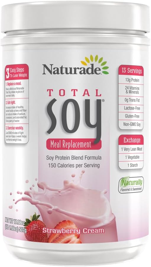 Naturade Total Soy Protein Powder - 13g Protein & 150 kalorier pr Server- Non-GMO Soy - 0g Trans Fat - Lactose & Gluten Gratis - Jordbær Creme (13 Servere)
