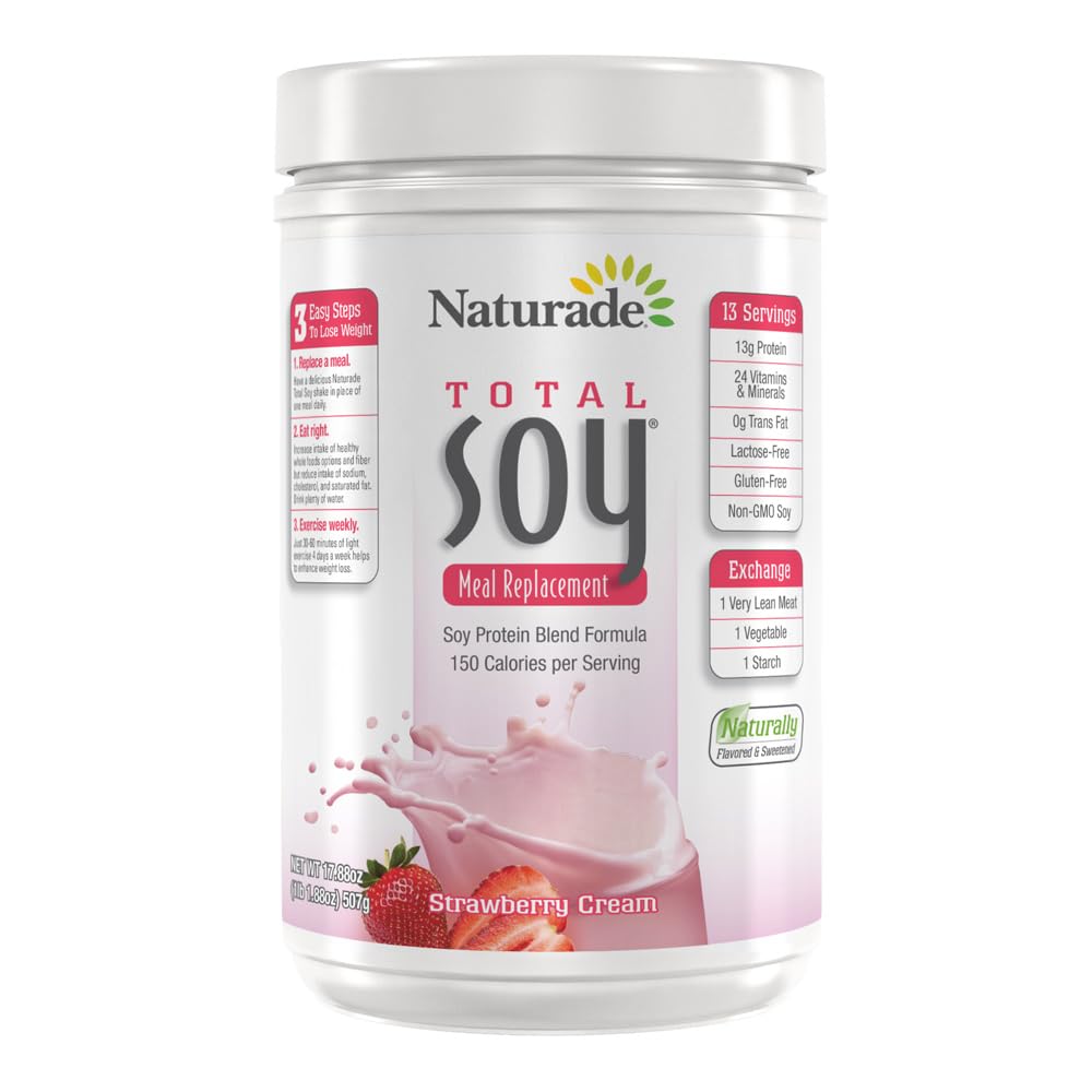 Naturade Total Soy Protein Powder - 13g Protein & 150 kalorier pr Server- Non-GMO Soy - 0g Trans Fat - Lactose & Gluten Gratis - Jordbær Creme (13 Servere)