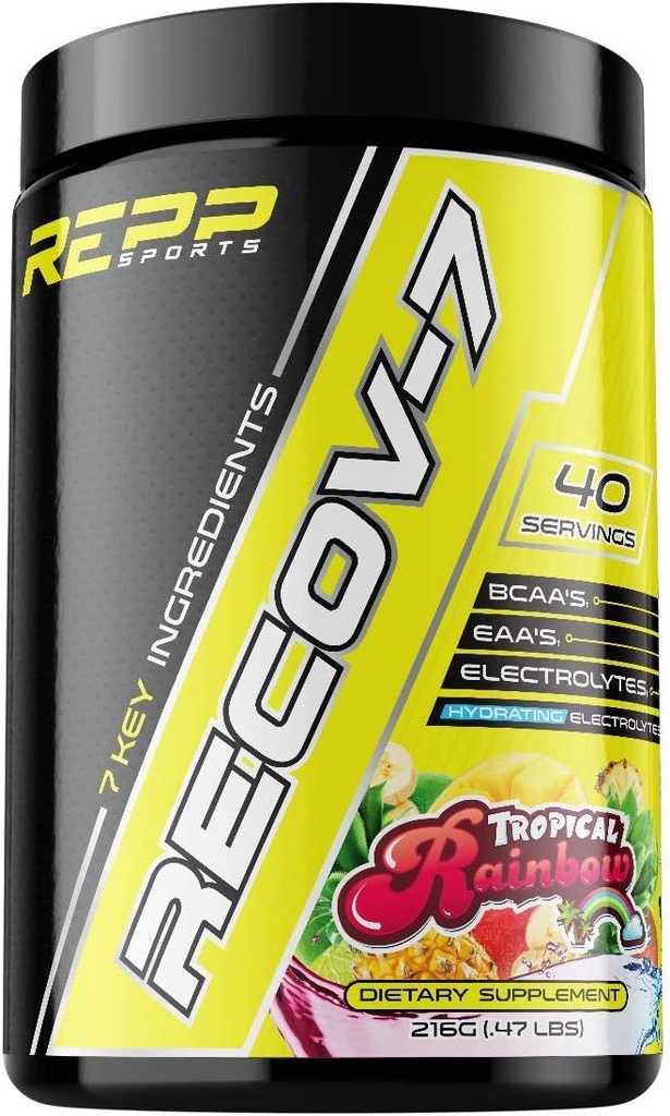 REPP Sports Recovery-7 Full Spectrum EAA og BCAAs; Advanced Recovery og Glycogen Genopretning til Intra-træning (Tropical Rainbow, 40 Servere (216g))