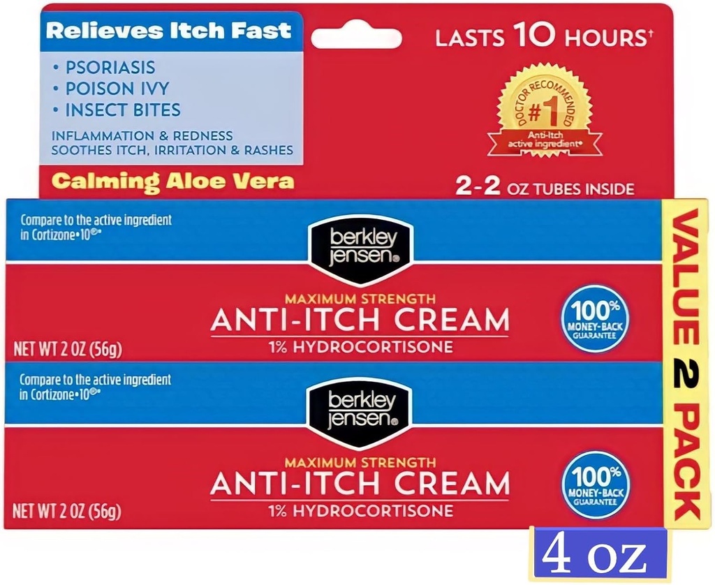Berkley Jensen Maksimal styrke Anti- Itch Cream (4 oz.), med Calming Aloe Vera, 1% Hydrocortison Itch Relief for Eczema, Psoriasis, Bug Bites, Poison Ivy, Oak og Sumac, 2 oz. Tube (pakning med 2)