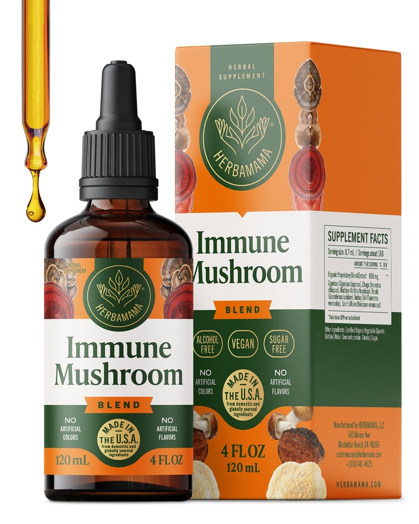 HERBAMAMA Super immun champignon supplement - Vegan 8 -champignon kompleks med Reishi, Lions Mane, Cordyceps & Chaga ekstrakt - Non- GMO, Alkohol- fri, Sugar- fri Immunitet dråber, 56- dag forsyning