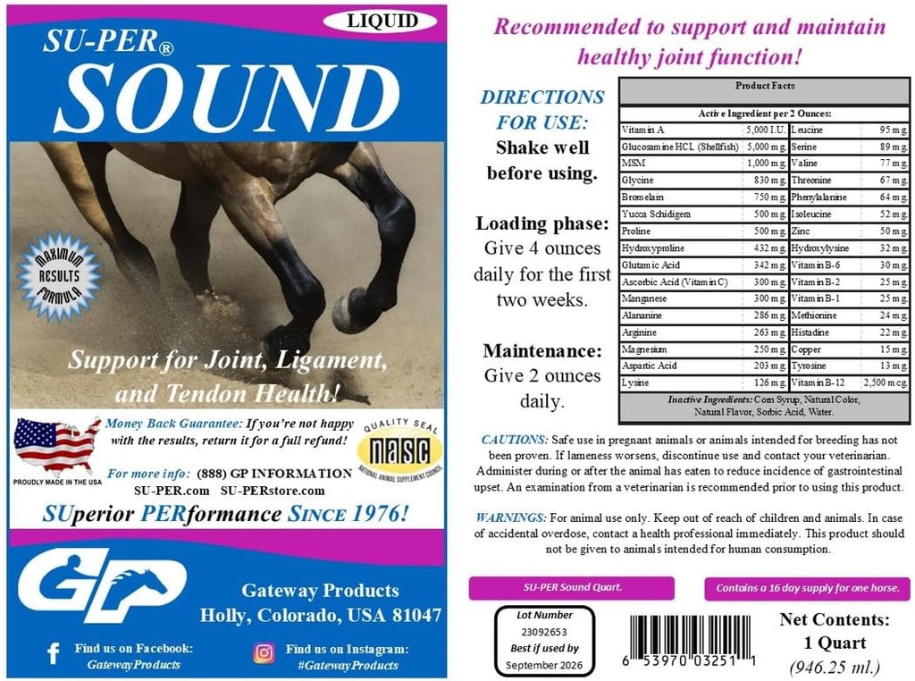 SU- PER Sound Joint Horse Supplement - Support for Joint, Ligament, og Tendon Health - Horse Vitamin og Min, Glucosamin, MSM, Bromelain, Aminosyrer, Lysin - 1 Quart, (2 Pack)
