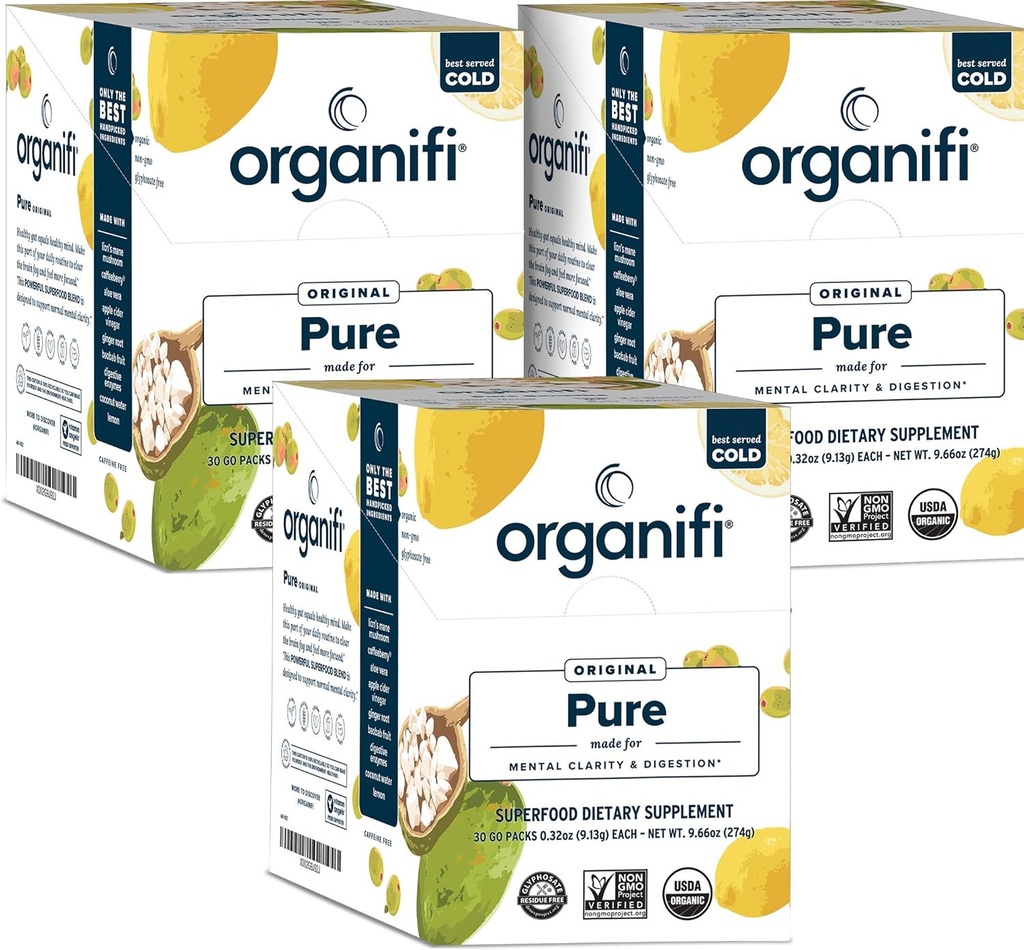 Organifi: Pure Smart Packs - Organic Brain og Immunity Support - Revitalizes Daily Mental Focus - Lemon Flavor, 3 Pack