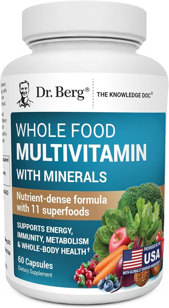 Dr. Berg Whole Food Multivitamin with Minerals - Daily Multivitamin for mænd og kvinder - Inkluderer Premium Whole Food Fruits og vegetabilsk blend med folat, alpha- liposyre og mere - 60 kapsler