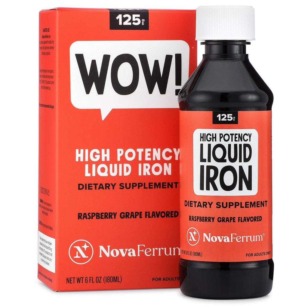 NovaFerrum Wow, 125 Højpotens flydende jerntilskud for voksne, jernmangel, 125 mg jern per 5 ml dosis, Vegan Verified, Gluten Free Certified, Sugar Free