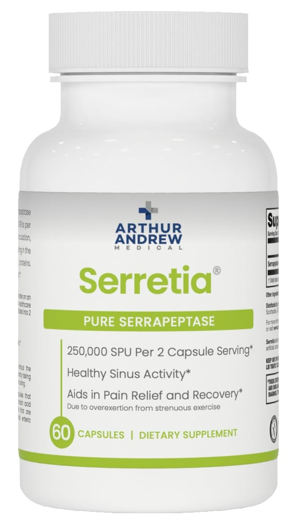 Arthur Andrew Medical, Serretia, Serrapeptase Formel for muskel og Sinus Support, 60 kapsler