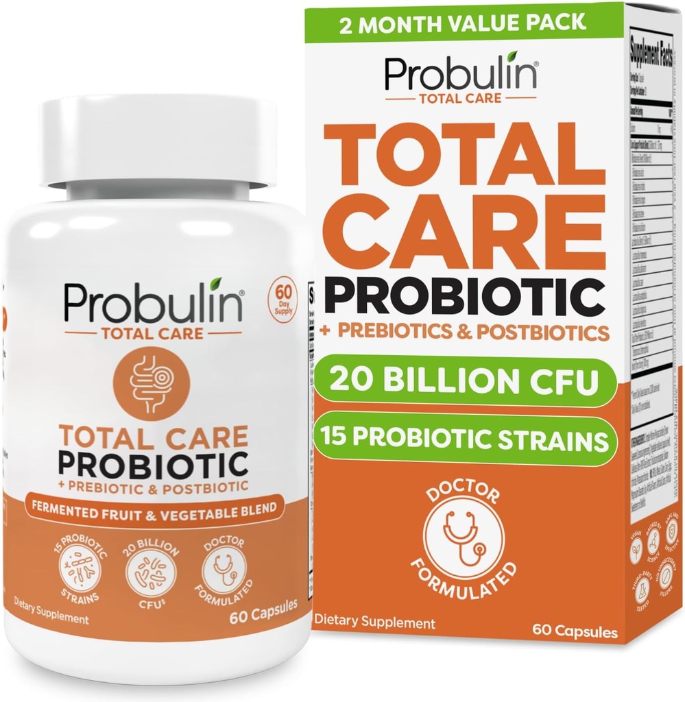 Probulin Total Care Probiotisk supplement, daglig Gut, fordøjelsesbesvær, og immunforsvar Probiotika kapsler til mænd og kvinder, 20 milliarder CFU, Vegan, 60 Count Flaske