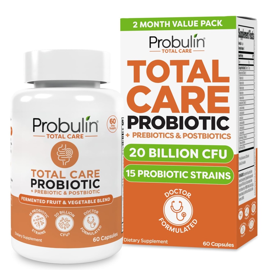 Probulin Total Care Probiotisk supplement, daglig Gut, fordøjelsesbesvær, og immunforsvar Probiotika kapsler til mænd og kvinder, 20 milliarder CFU, Vegan, 60 Count Flaske