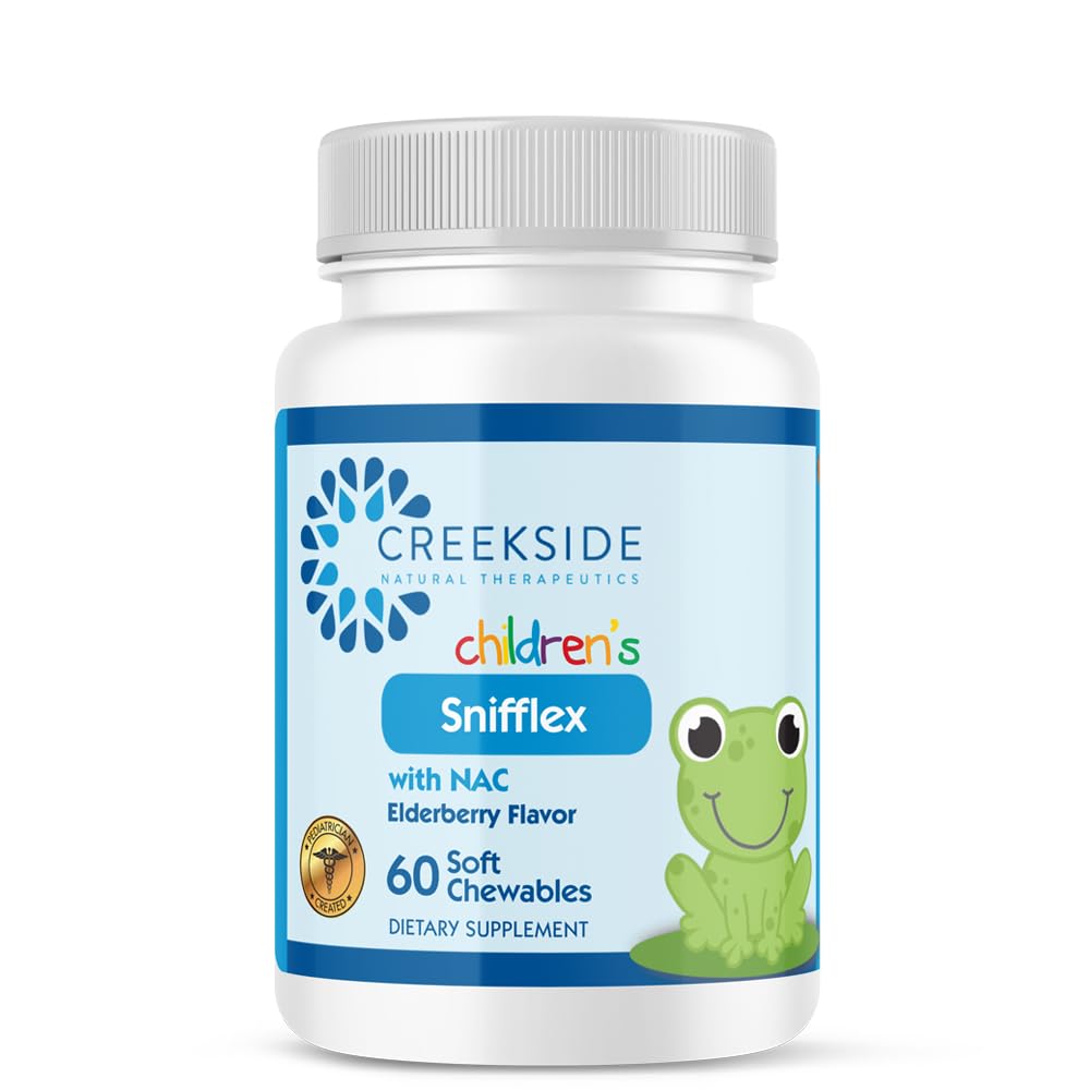 Creekside Naturals Snifflex, Børns Sinus & Respiratory Support, Elderberry til immunsundhed, Pediatrician Formuleret med NAC, Quercetin & bromelain, Zero Sugar, Vegan, 60 Soft Chewables