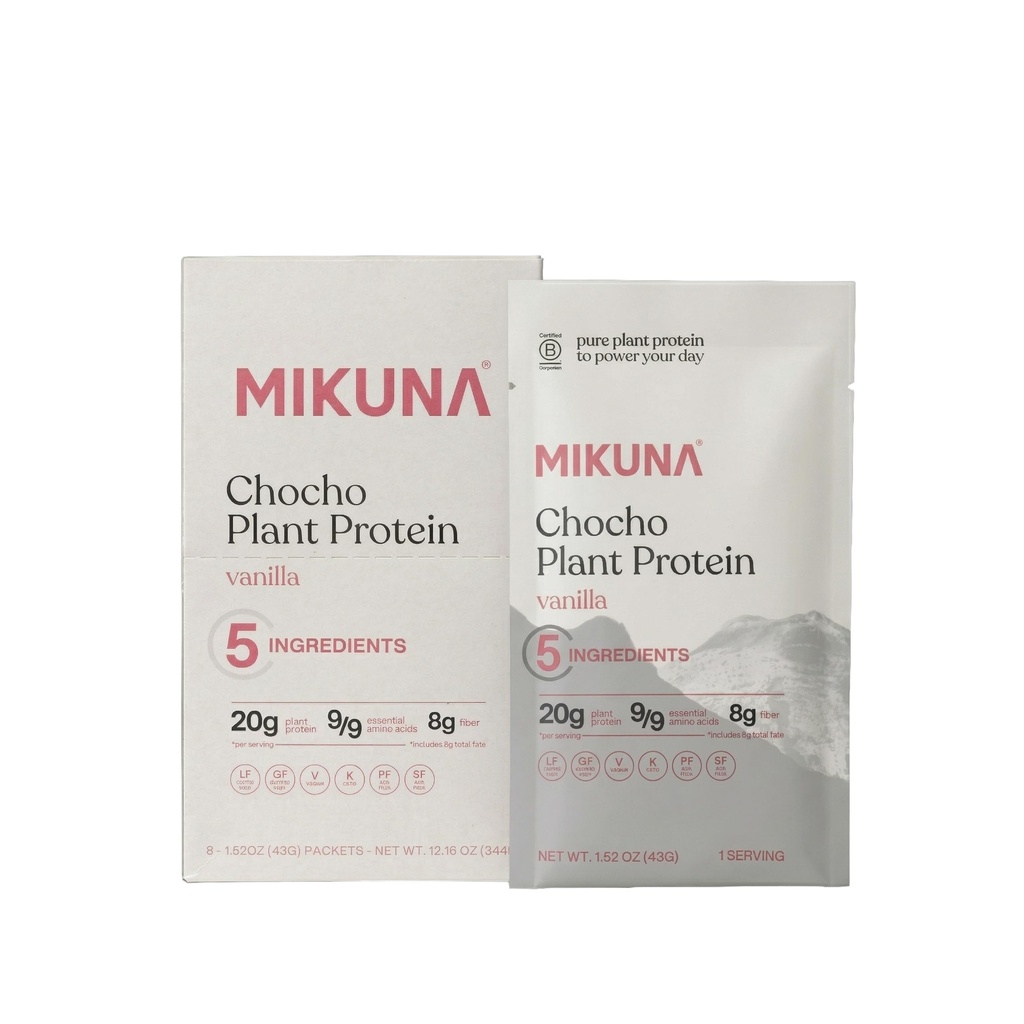 Mikuna Chocho Superfood Protein, Plant- baseret protein pulver, Rejsepakker - Vegan, Gluten Free, 3g Net Carbs eller mindre, og Bioavailable, Ikke-Isolere (8 Servere, Vanilla)