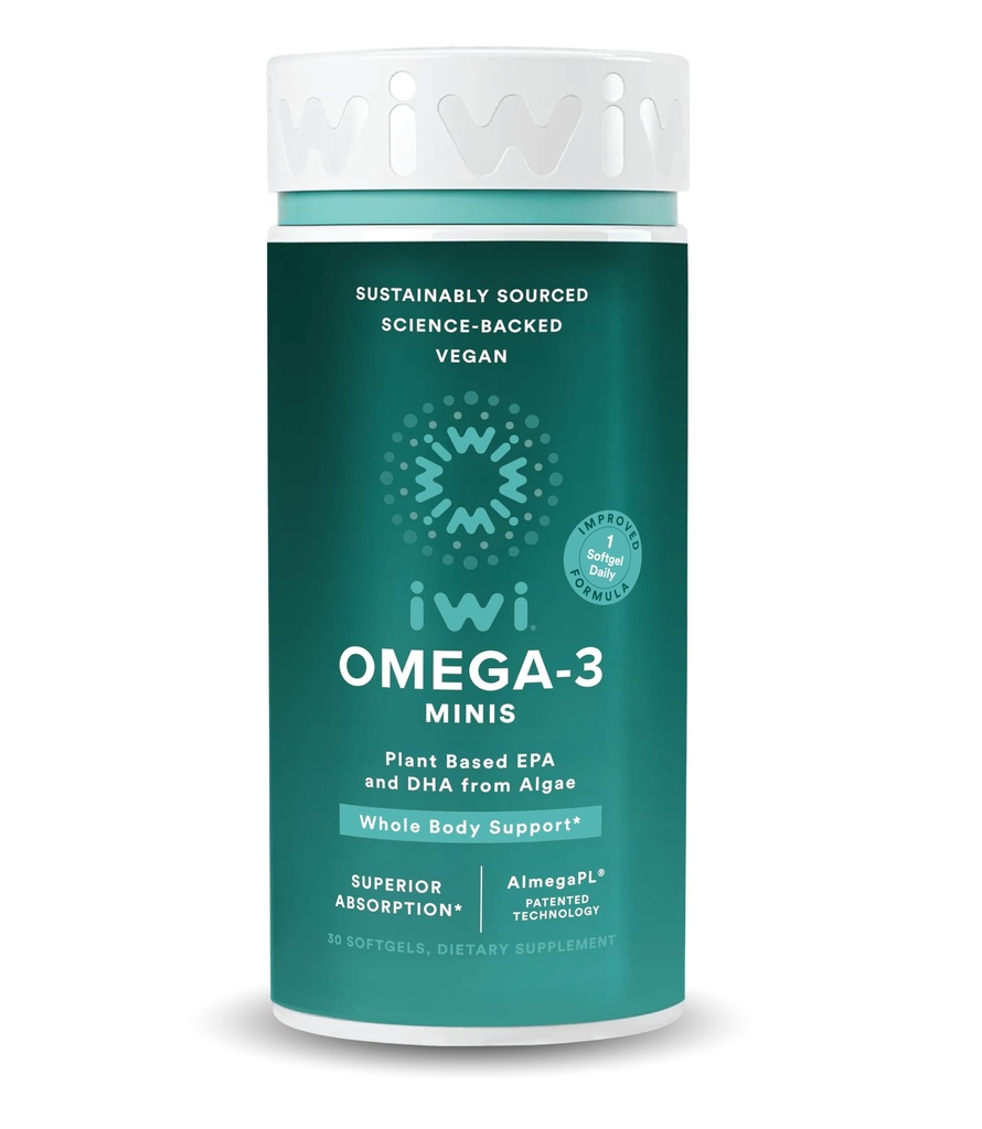 Iwi Omega-3 Mini Softgels (30 Servere), Let at synke, Plant- baserede Alger Omega 3 med EPA + DHA, Whole- Body Support Kosttilskud, Krill & Fish Oil Alternative, Ingen Fishy Eftersmag