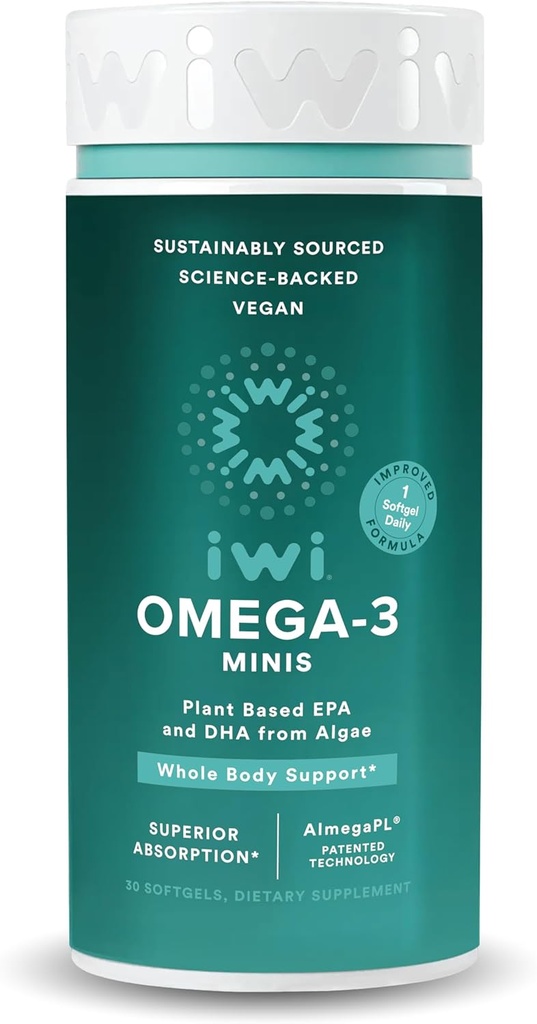 Iwi Omega-3 Mini Softgels (30 Servere), Let at synke, Plant- baserede Alger Omega 3 med EPA + DHA, Whole- Body Support Kosttilskud, Krill & Fish Oil Alternative, Ingen Fishy Eftersmag
