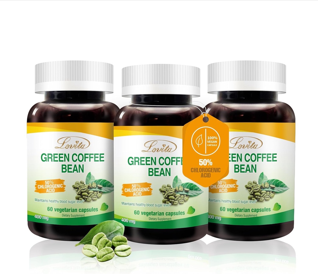 Lovita Green Coffee Bean Extract, 50% Chlorogen Acid for Metabolisme, Energi & Vægt Management, 800 mg per dag, Vegan, Non- GMO, Glutenfri, Natural Antioxidant Supplement, 180 Kapsler
