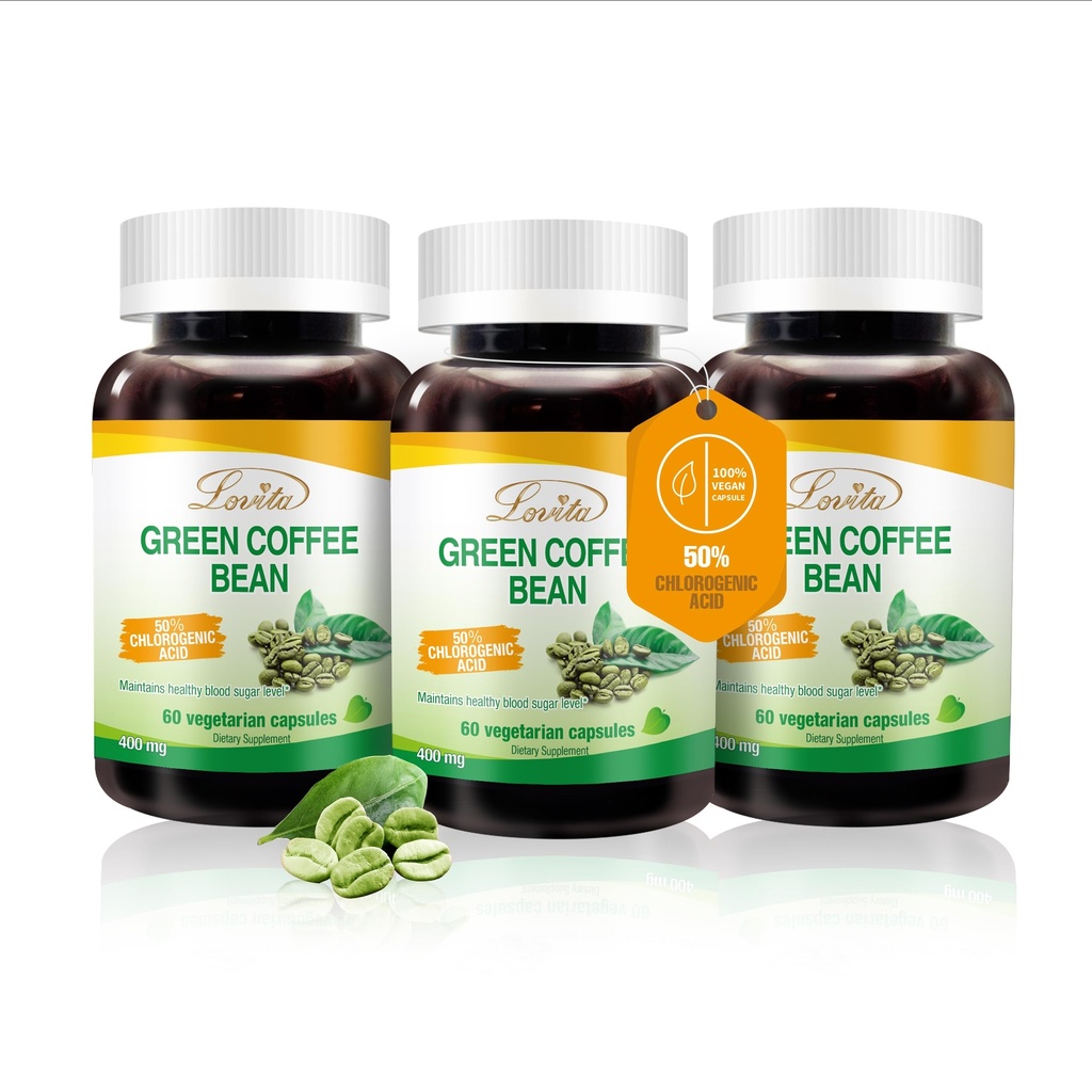 Lovita Green Coffee Bean Extract, 50% Chlorogen Acid for Metabolisme, Energi & Vægt Management, 800 mg per dag, Vegan, Non- GMO, Glutenfri, Natural Antioxidant Supplement, 180 Kapsler
