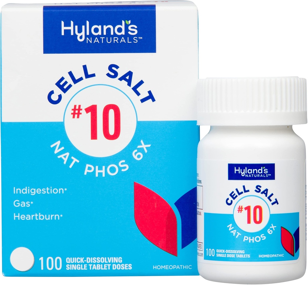 Hyland 's No.10 Cell Salt NAT Phos 6X tabletter, Natural Relief of Heartburn, Gas, og fordøjelsesbesvær, Quick Opløsning Tablets, 100 Greve