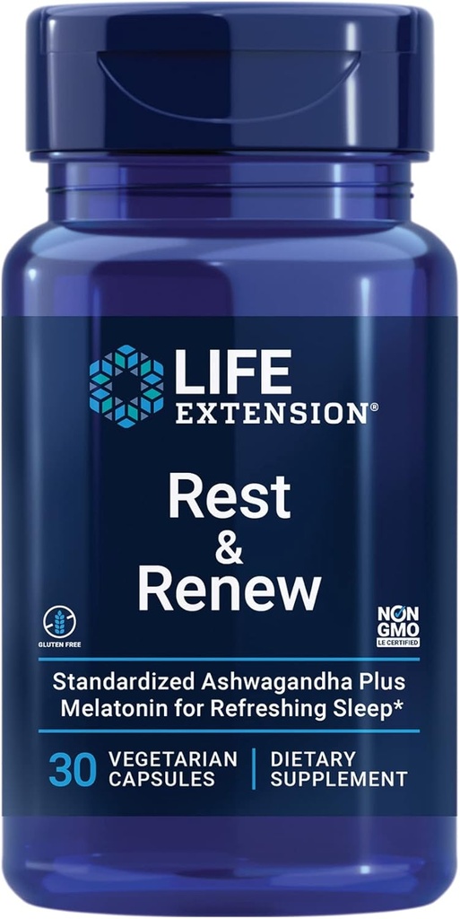 Life Extension Rest & Renew, for en genopfriskende & genoprettende nattesøvn, Glutenfri, Non- GMO, Vegetar, 30 Kapsler