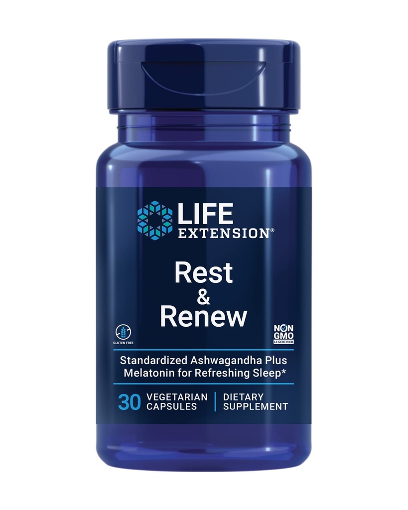 Life Extension Rest & Renew, for en genopfriskende & genoprettende nattesøvn, Glutenfri, Non- GMO, Vegetar, 30 Kapsler