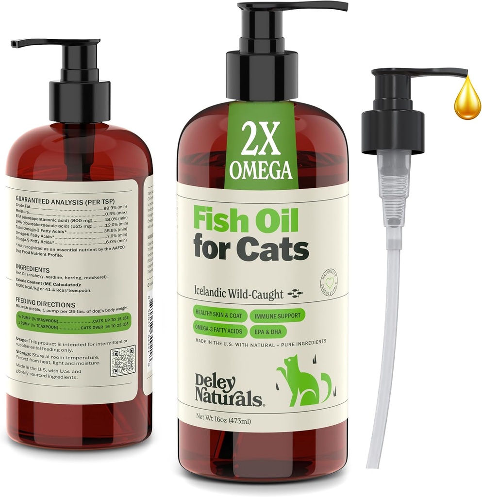 Deley Naturals Wild fanget Fish Oil til katte med 2X Omega - Kat Fish Oil med højeste EPA & DHA potens - Omega 3 til katte til afføring, Hud, Coat, Joints, hjerte og immunsystem - Made in USA