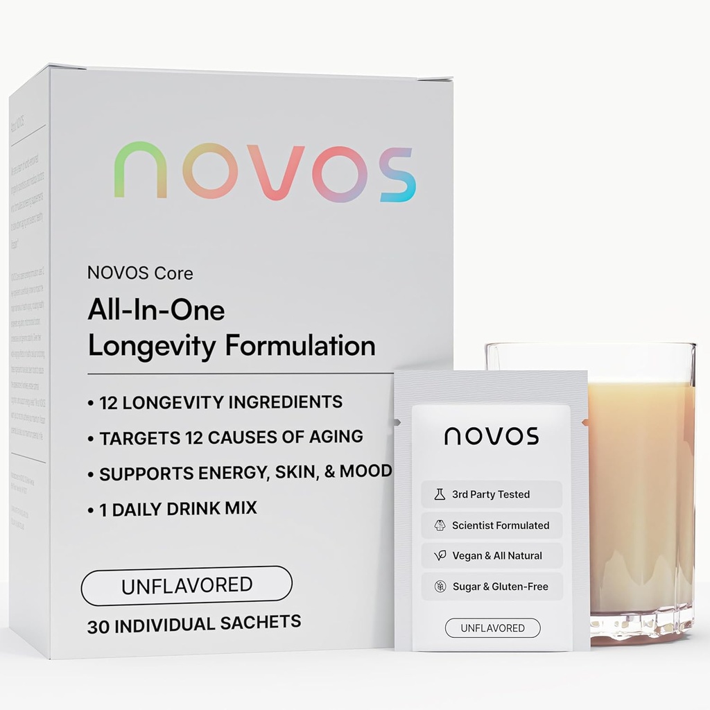 NOVOS Core Longevity Mix, Anti- Aging Supplement, Drink Powder Packet Unflavored - Skin Support, Energi, Mood Support, Sove og Kognition Support - 30 Serveringer