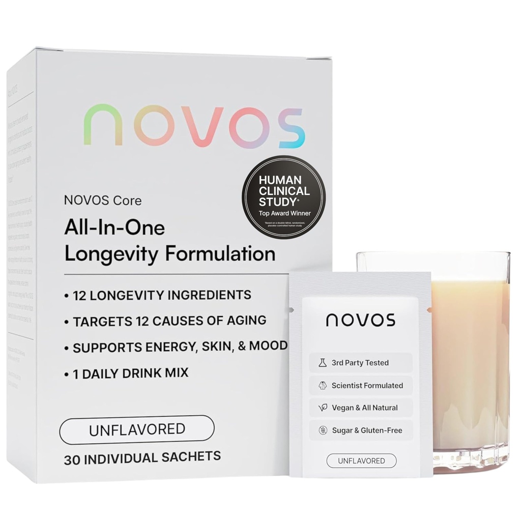 NOVOS Core Longevity Mix, Anti- Aging Supplement, Drink Powder Packet Unflavored - Skin Support, Energi, Mood Support, Sove og Kognition Support - 30 Serveringer