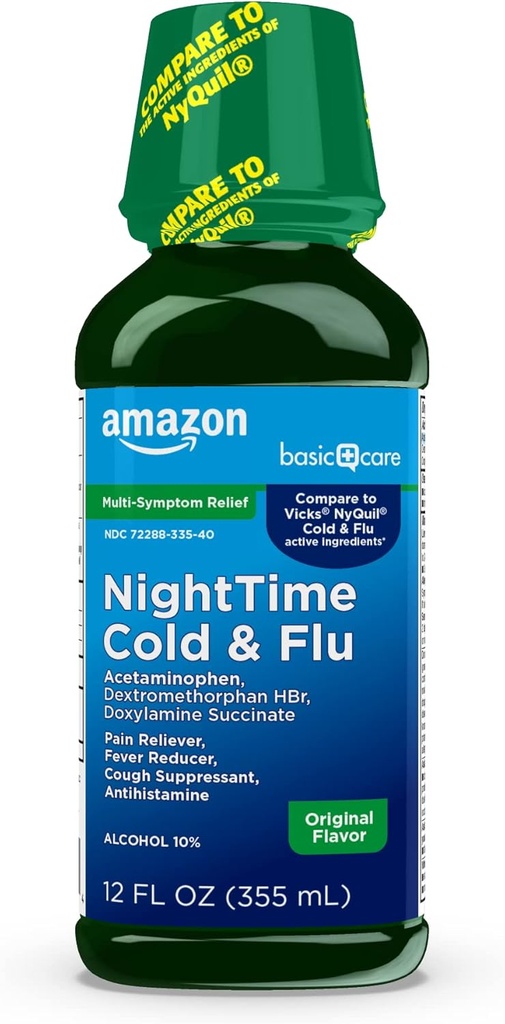 Basic Care Nighttime Cold and Flu Medicine, Maximum Strength, Original Flavor Liquid, Multi- symptom Relief, 12 fl oz (pakke med 1)