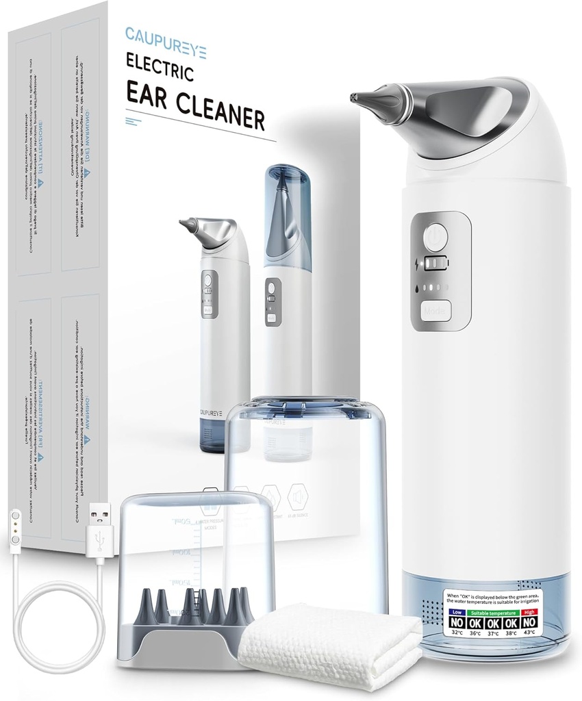 Ear Wax Removal Kit, 360 ° Electric Ear Cleaner, Ear Cleaning Kit med 4 vand tryk Modes, Earwax Removal Kit for Safe Ear Vanding Flushing System w / 8 Vandingstips, Lav støj, IP65 Vandtæt