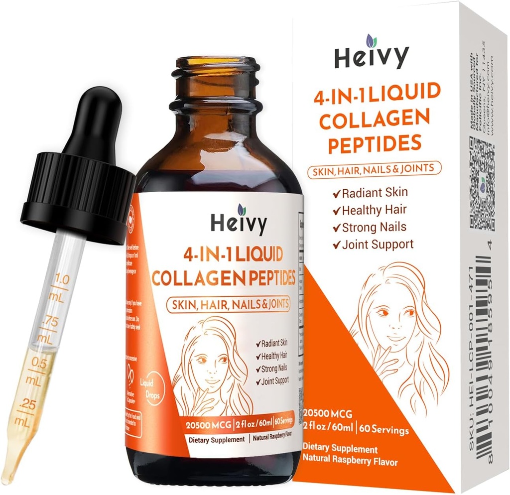 Hevy flydende kollagen til kvinder, flydende biotin & kollagen til strålende hud, hårvækst, stærke negle, fælles støtte, 20500 mcg 4-in-1 Collagen dråber, avanceret absorption, Raspberry Flavor - 2 FL OZ
